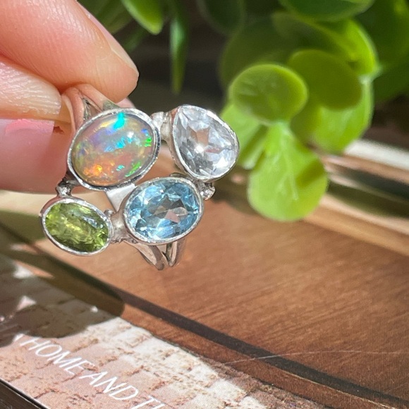 925 Sterling Silver natural Multi-Stone Fire Opal Ring,Topaz Peridot, OS - Picture 5 of 13